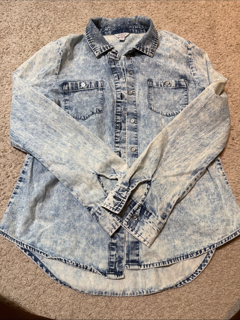 Guess Light Wash Acid Denim Button-Down Shirt